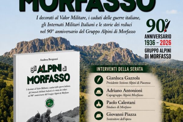 Locandina della presentazione del libro "Gli Alpini di Morfasso" in programma il 1° agosto 2026 a Morfasso per il 90° anniversario del Gruppo Alpini.